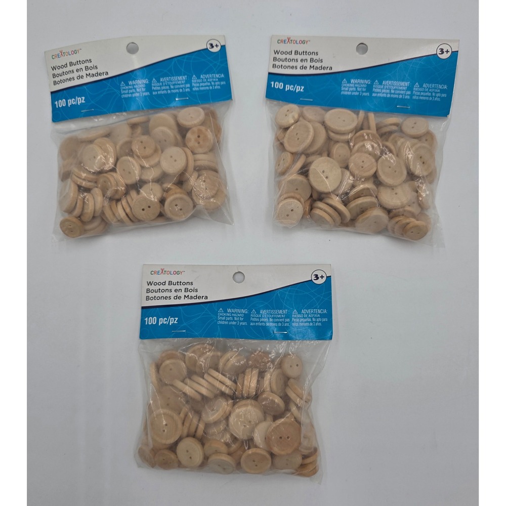Creatology Natural Wood Buttons 300pc Bulk Set 2-Hole Round Craft Sewing 3 Packs